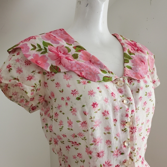 50s Vintage Nelly Don Pink & White Floral Tea Dress With Flat Collar - Picture 6 of 16
